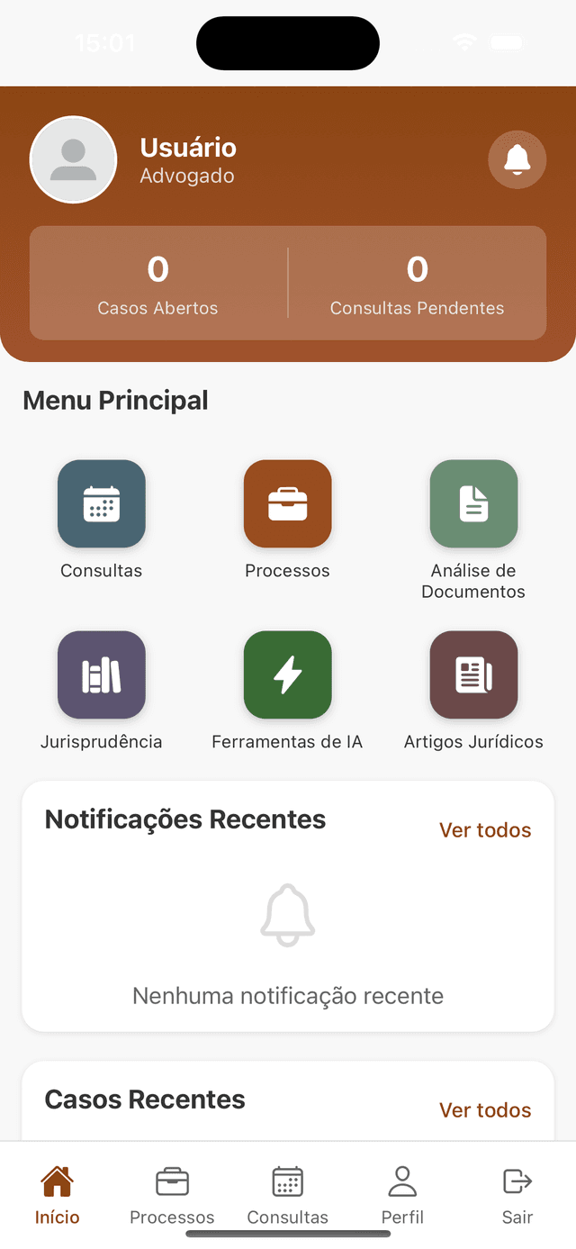 Módulos do aplicativo jurídico